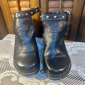Y2K Vintage Harley-Davidson Black Leather Studded Straps Wedge Clogs Size 8